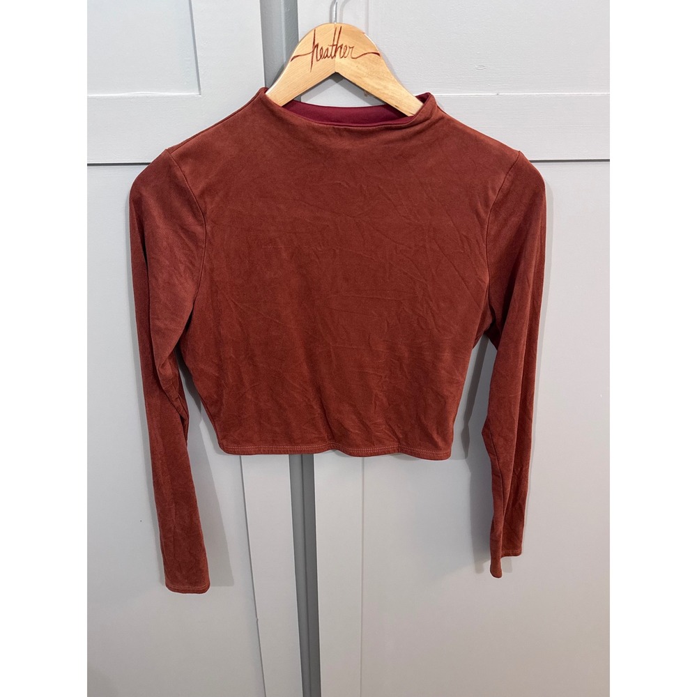 Windsor Rust Orange Faux Suede Mock Neck Long Sleeve Crop Top Womens